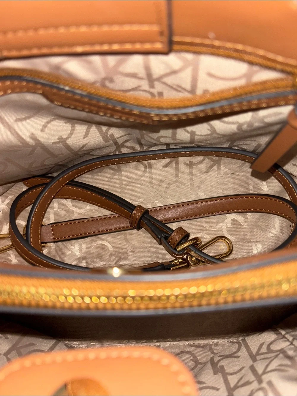 🥥Calvin Klein Brown Monogram Satchel with Tan Trim